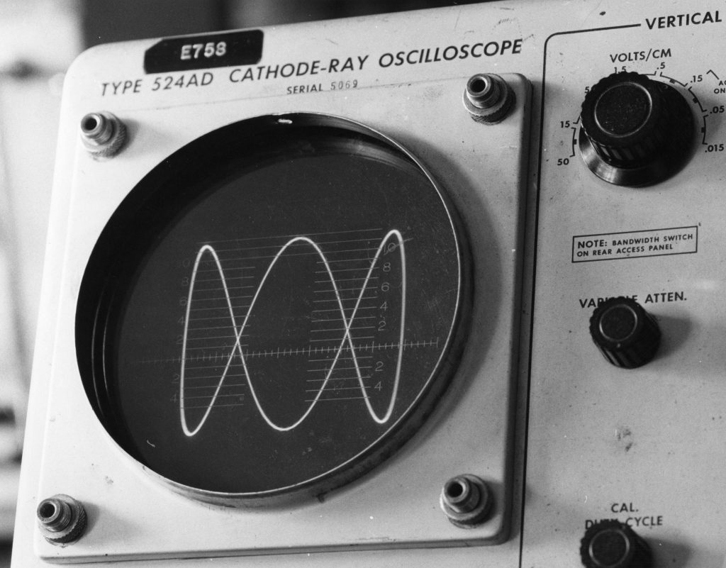 black and white photograph of an oscilloscope showing a Lissajous curve resembling the ABC logo.